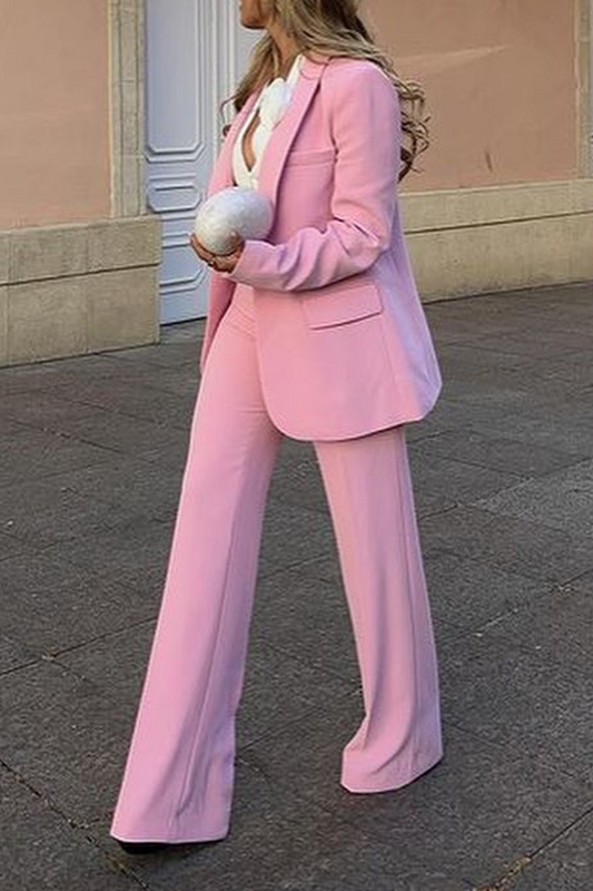 Conjunto informal de dos piezas de manga larga con cuello vuelto y parches de color liso para negocios