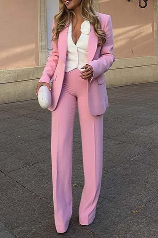 Conjunto informal de dos piezas de manga larga con cuello vuelto y parches de color liso para negocios