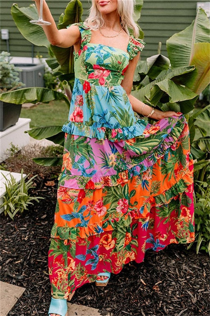 Vestidos largos casuales con estampado floral, patchwork, espalda descubierta y cuello cuadrado