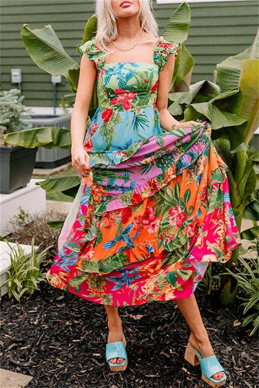 Vestidos largos casuales con estampado floral, patchwork, espalda descubierta y cuello cuadrado