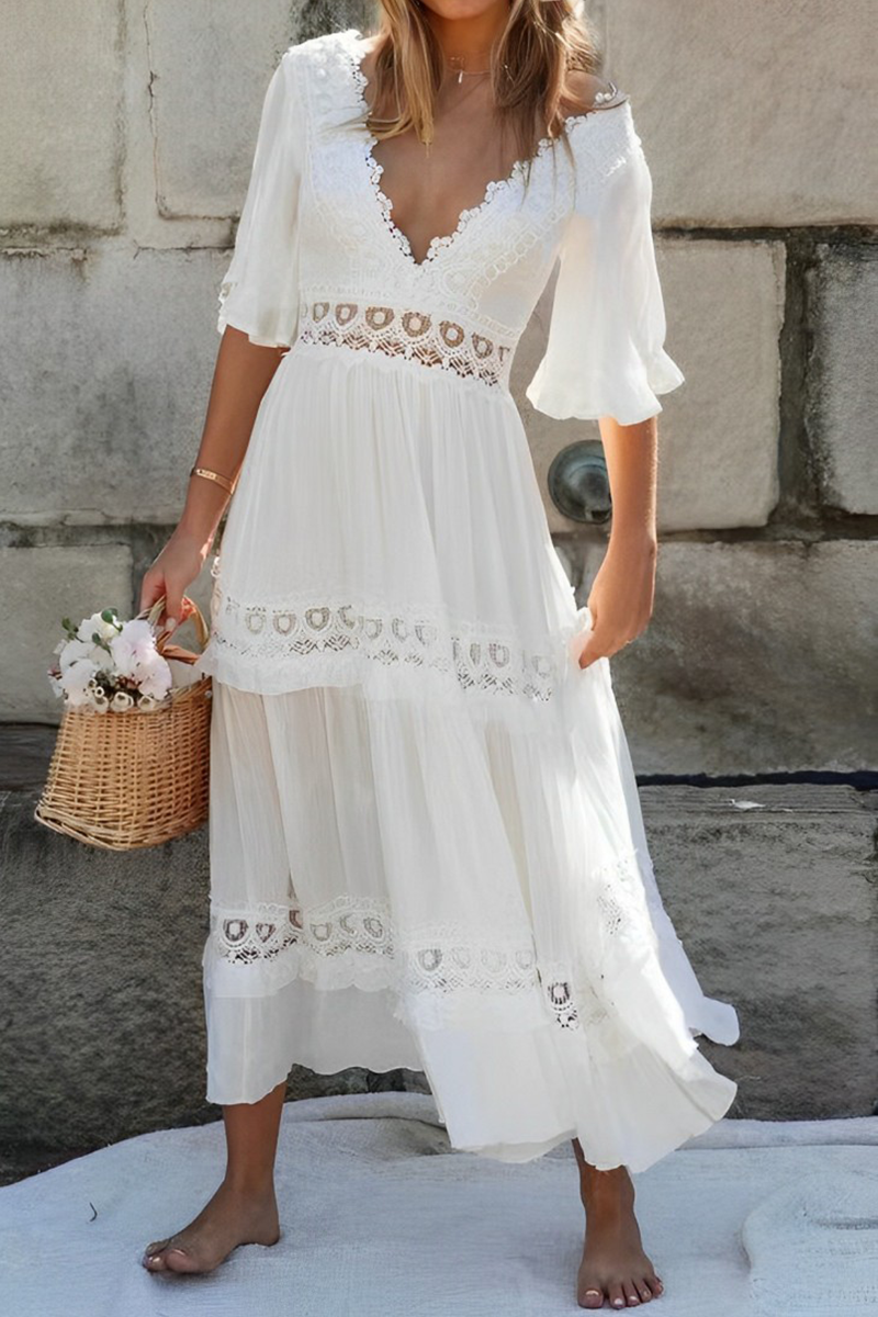 Vestidos sexis de corte A con escote en V, espalda descubierta y calados en color sólido