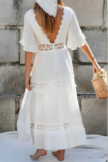 Vestidos sexis de corte A con escote en V, espalda descubierta y calados en color sólido
