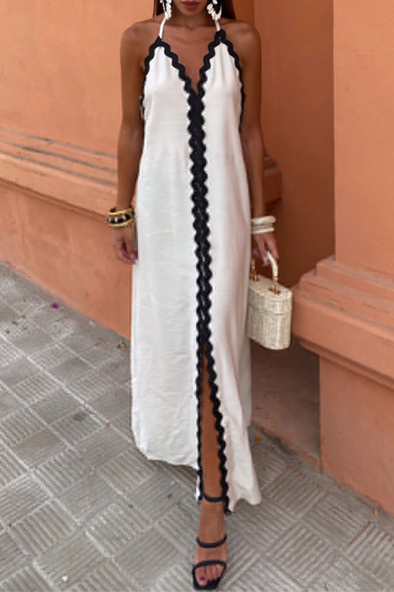 Vestidos sexis sin mangas con cuello halter, espalda descubierta y contraste con encaje y patchwork