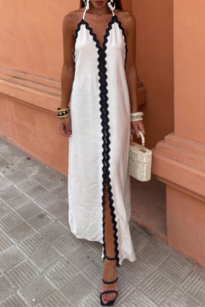 Vestidos sexis sin mangas con cuello halter, espalda descubierta y contraste con encaje y patchwork