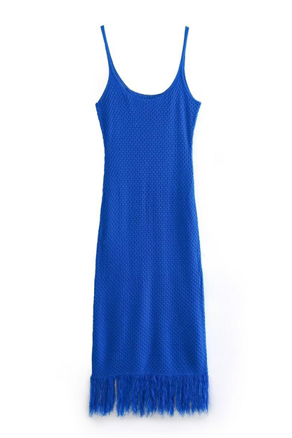 Vestidos sexis de tirantes con cuello en U, de punto, con ribete de flecos y color liso para vacaciones