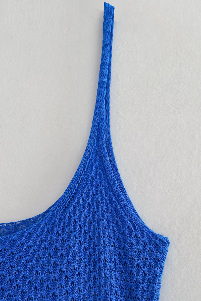 Vestidos sexis de tirantes con cuello en U, de punto, con ribete de flecos y color liso para vacaciones