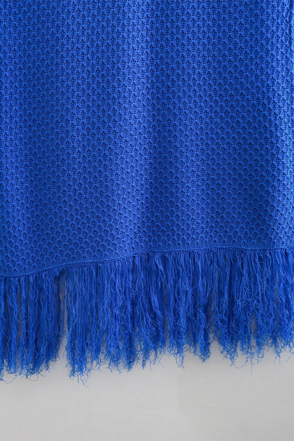 Vestidos sexis de tirantes con cuello en U, de punto, con ribete de flecos y color liso para vacaciones