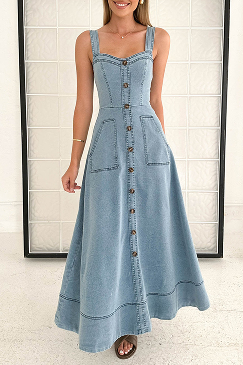 Vestidos vaqueros sexis de calle de color liso con bolsillos, botones, cremallera y cuello en V sin mangas