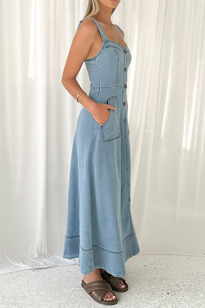 Vestidos vaqueros sexis de calle de color liso con bolsillos, botones, cremallera y cuello en V sin mangas