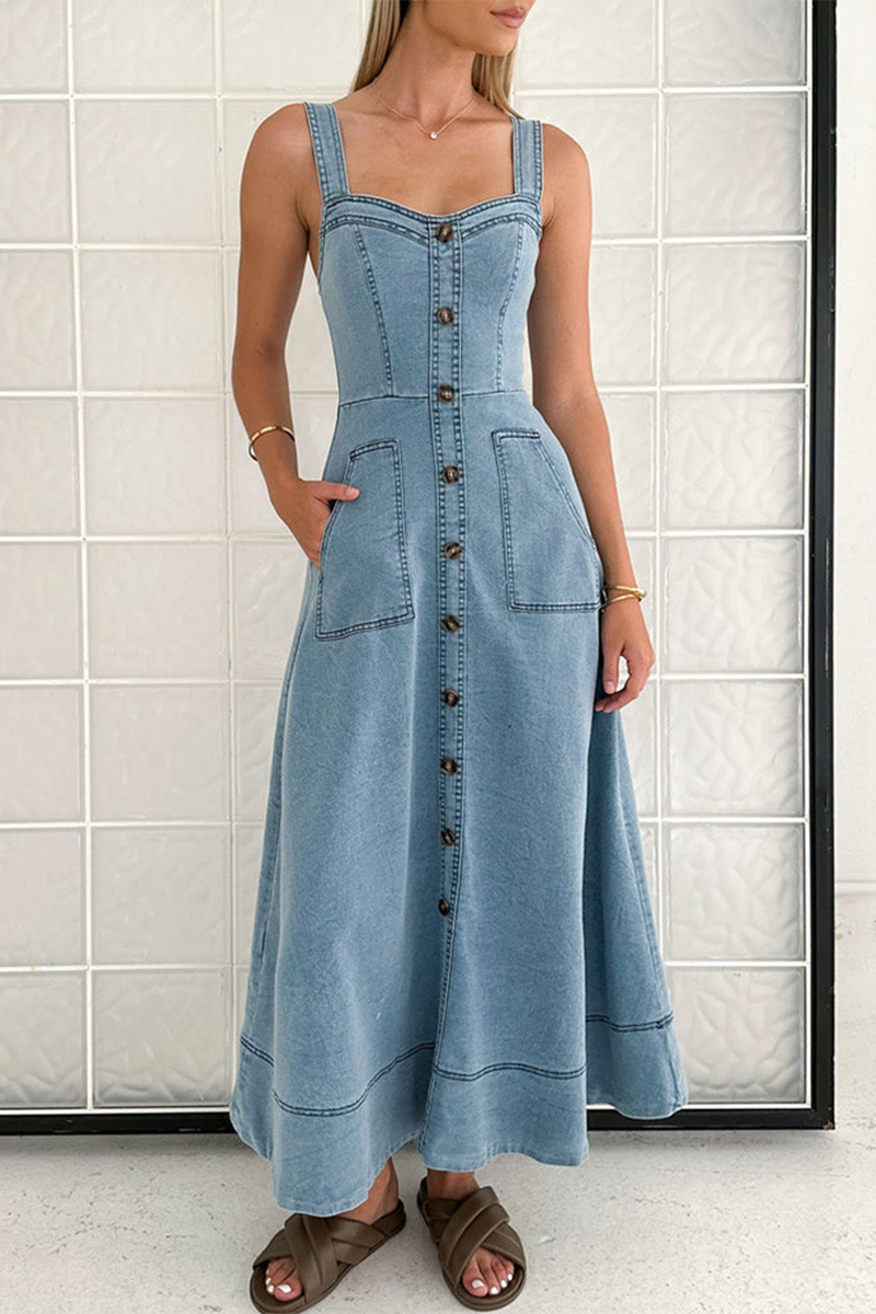 Vestidos vaqueros sexis de calle de color liso con bolsillos, botones, cremallera y cuello en V sin mangas