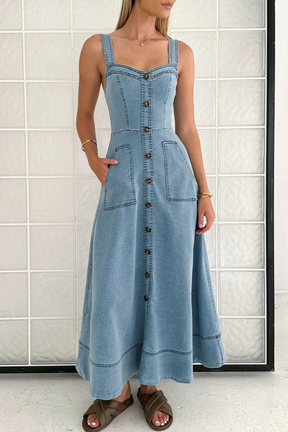 Vestidos vaqueros sexis de calle de color liso con bolsillos, botones, cremallera y cuello en V sin mangas
