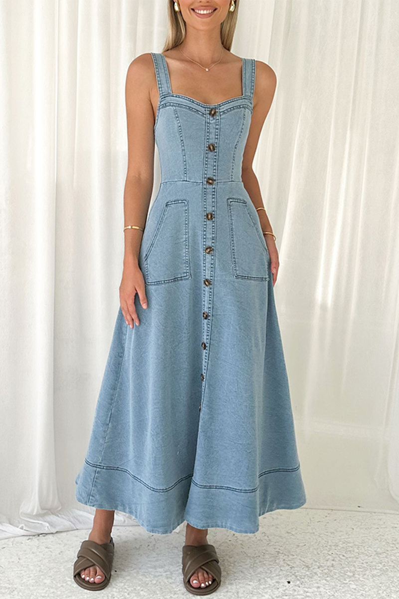 Vestidos vaqueros sexis de calle de color liso con bolsillos, botones, cremallera y cuello en V sin mangas