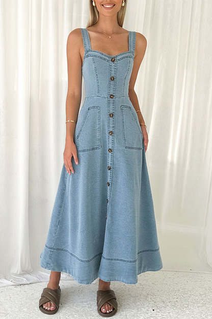 Vestidos vaqueros sexis de calle de color liso con bolsillos, botones, cremallera y cuello en V sin mangas