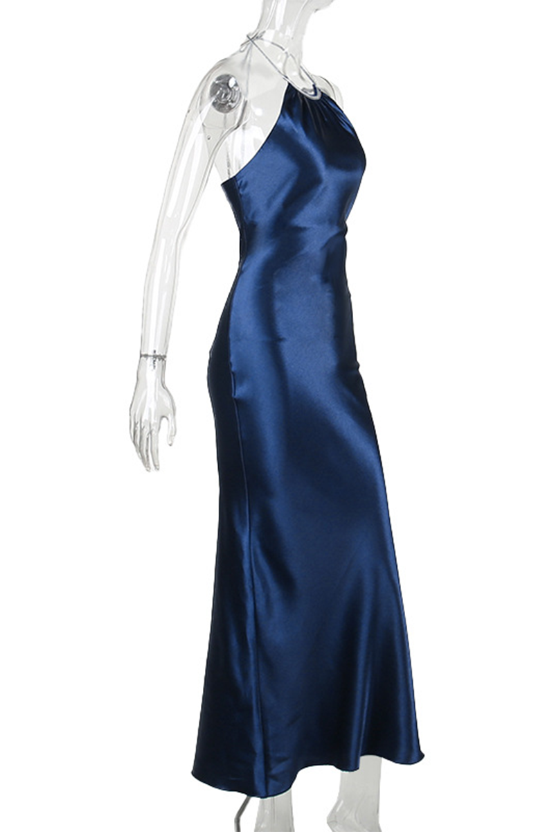 Vestidos sexis de un solo paso con falda halter reflectante sin espalda y de color sólido