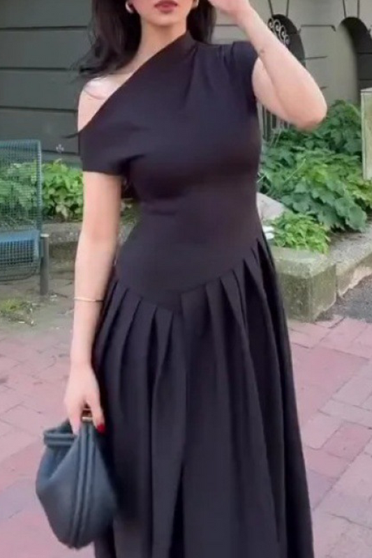Vestidos casuales de calle de color sólido fruncido con cuello oblicuo irregular sin mangas (3 colores)