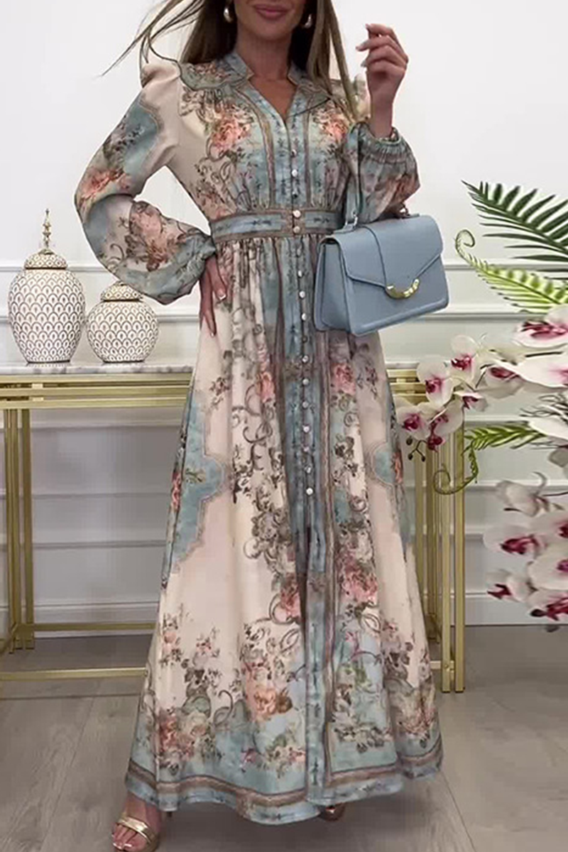 Elegante vestido de corte A con escote en V y hebilla con estampado floral