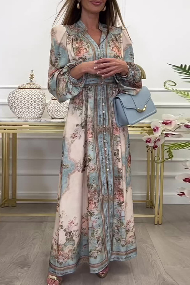 Elegante vestido de corte A con escote en V y hebilla con estampado floral
