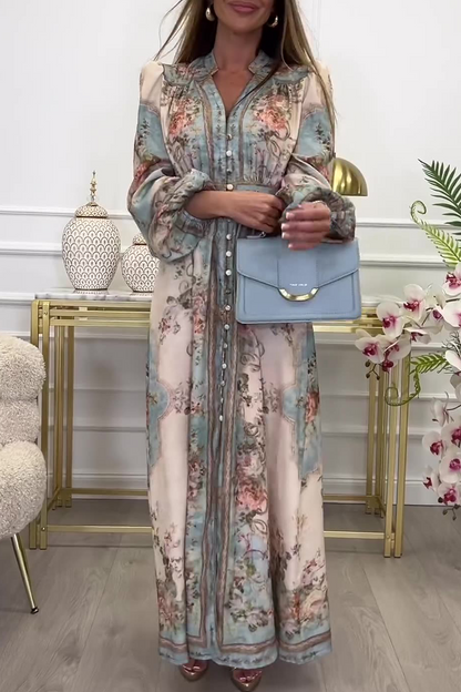 Elegante vestido de corte A con escote en V y hebilla con estampado floral