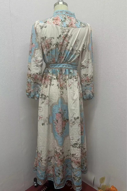 Elegante vestido de corte A con escote en V y hebilla con estampado floral