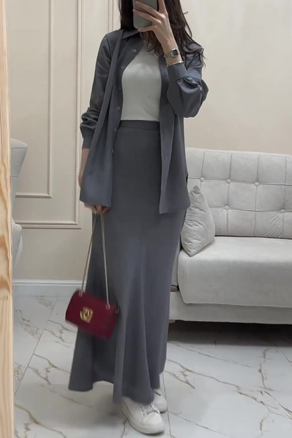 Conjunto de dos piezas elegante de manga larga con cuello vuelto, botones y color liso para uso diario