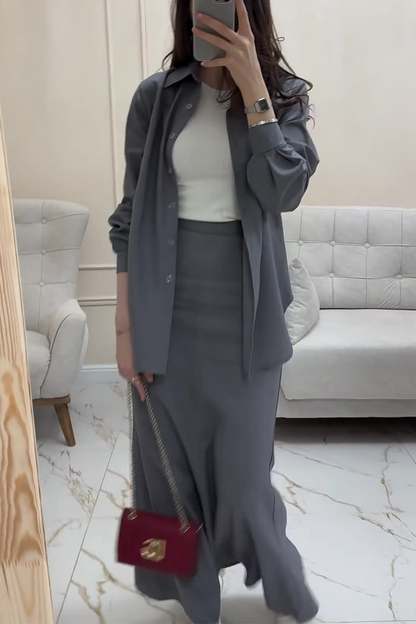Conjunto de dos piezas elegante de manga larga con cuello vuelto, botones y color liso para uso diario