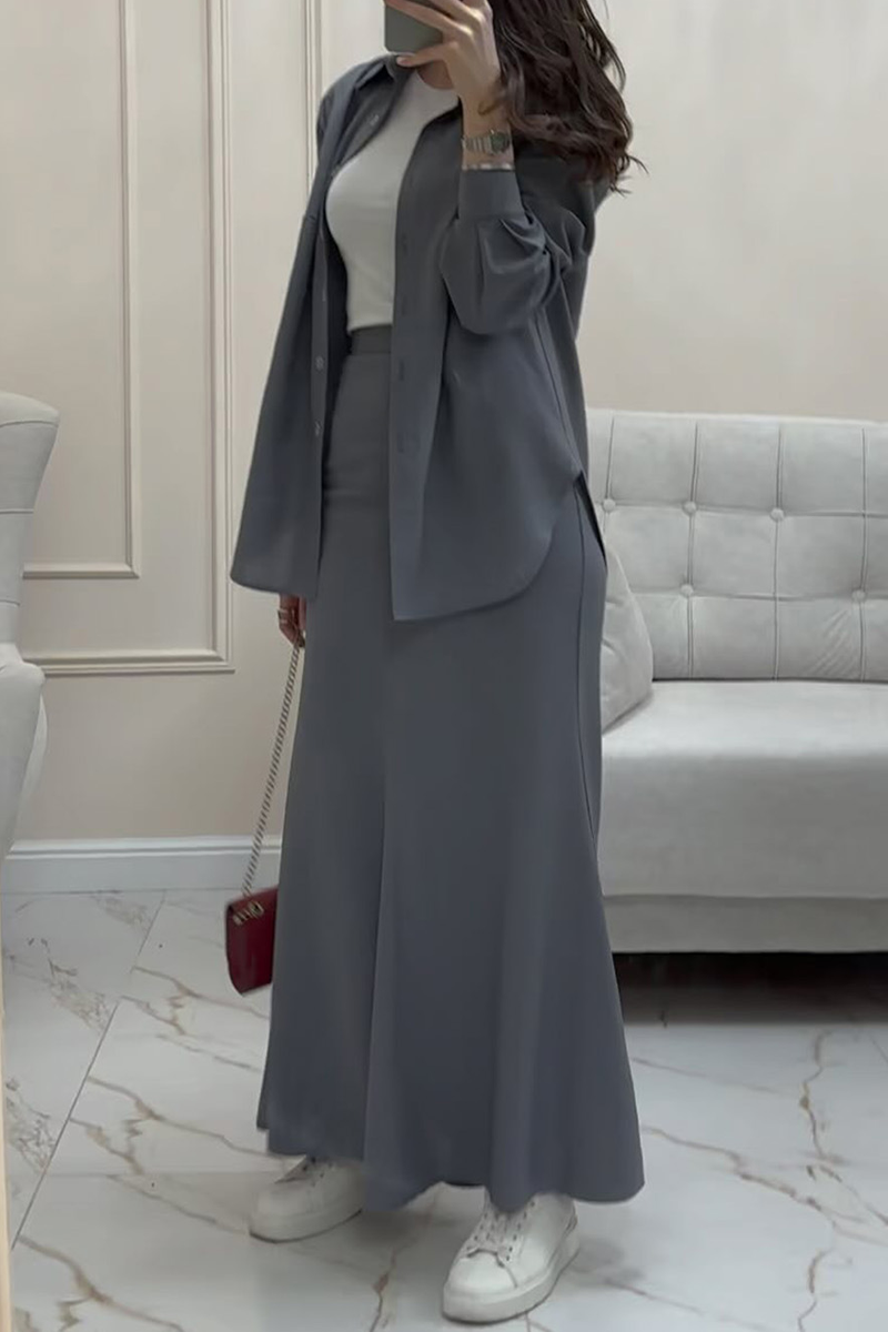 Conjunto de dos piezas elegante de manga larga con cuello vuelto, botones y color liso para uso diario