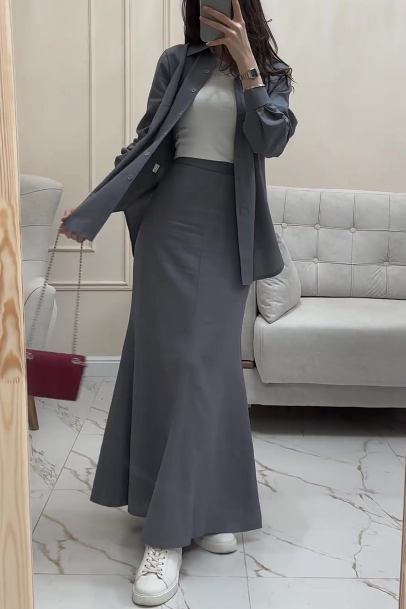 Conjunto de dos piezas elegante de manga larga con cuello vuelto, botones y color liso para uso diario