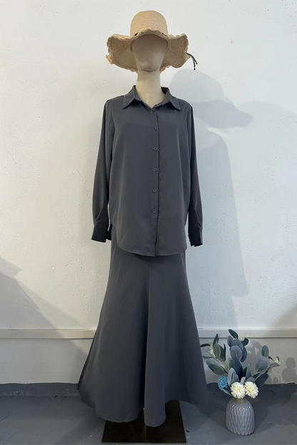 Conjunto de dos piezas elegante de manga larga con cuello vuelto, botones y color liso para uso diario