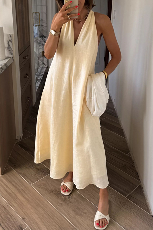 Vestidos casuales de uso diario con cuello en V, sin mangas y bolsillos en colores sólidos