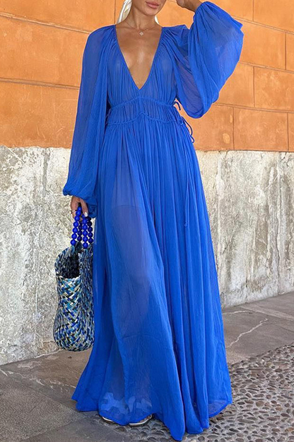 Vestidos sexys de corte A con escote en V transparente y patchwork de color sólido (3 colores)