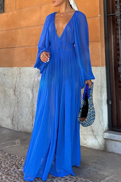 Vestidos sexys de corte A con escote en V transparente y patchwork de color sólido (3 colores)