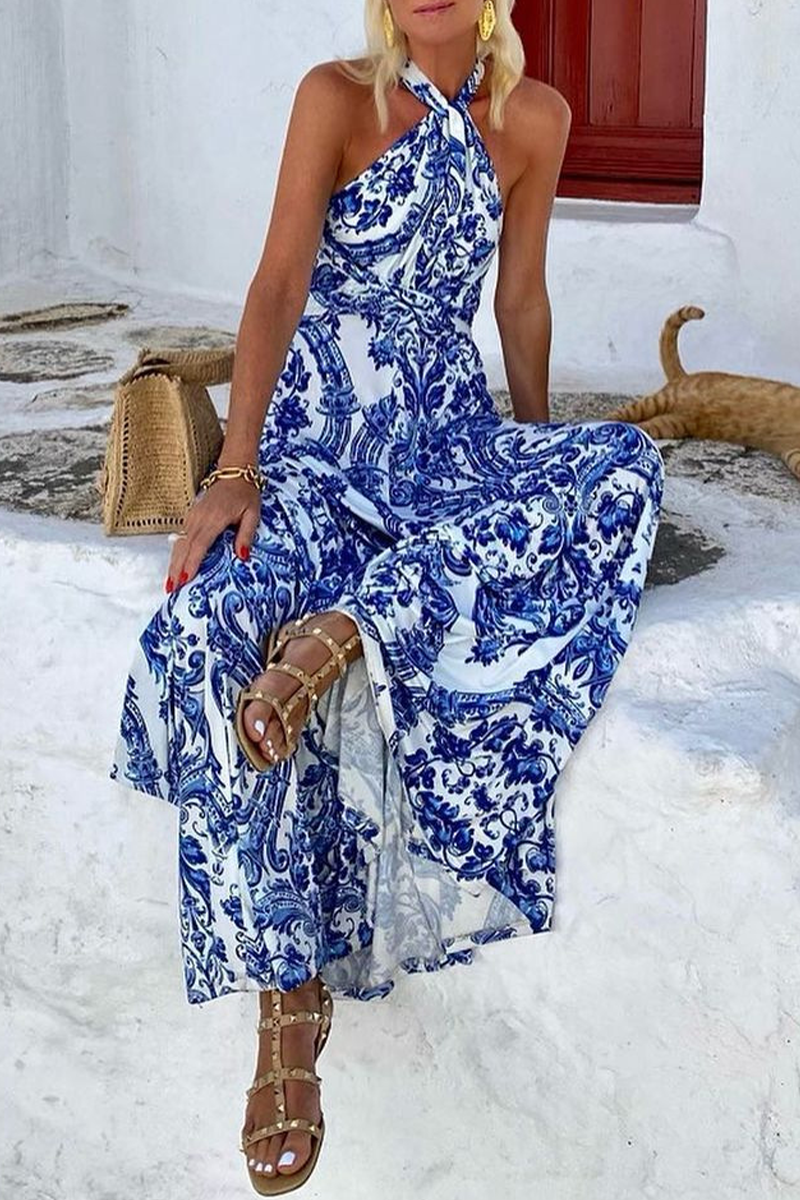 Vestidos bohemios de vacaciones con estampado floral y patchwork, sin mangas y cuello halter