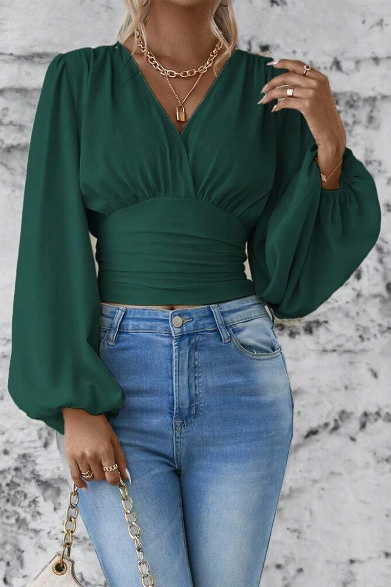 Blusas elegantes de cuello en V fruncidas de color liso para uso diario (6 colores)