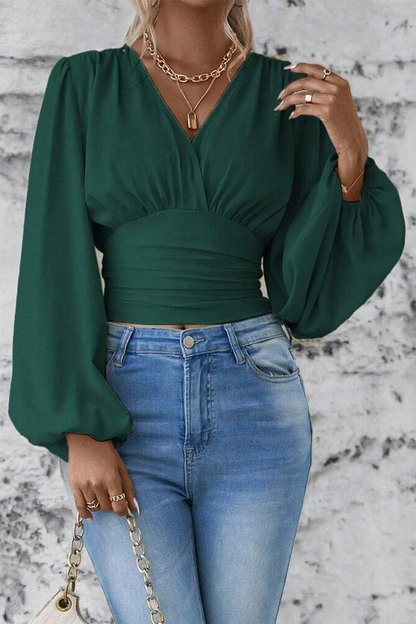 Blusas elegantes de cuello en V fruncidas de color liso para uso diario (6 colores)