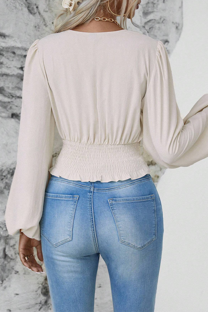 Blusas elegantes de cuello en V fruncidas de color liso para uso diario (6 colores)