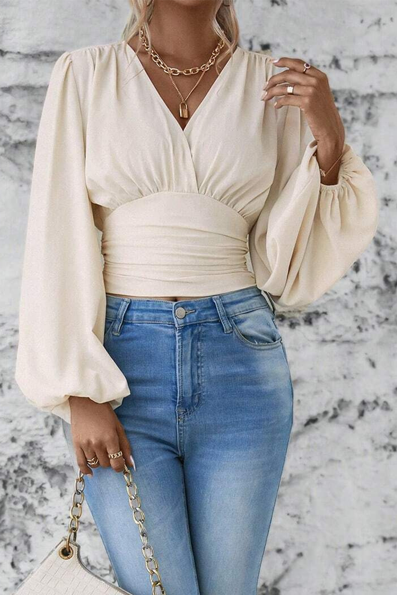 Blusas elegantes de cuello en V fruncidas de color liso para uso diario (6 colores)