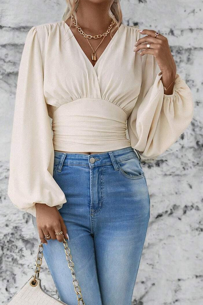 Blusas elegantes de cuello en V fruncidas de color liso para uso diario (6 colores)