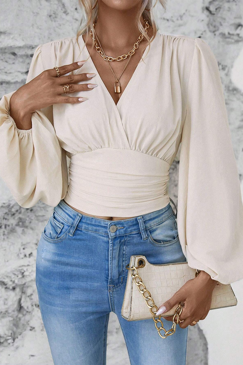 Blusas elegantes de cuello en V fruncidas de color liso para uso diario (6 colores)