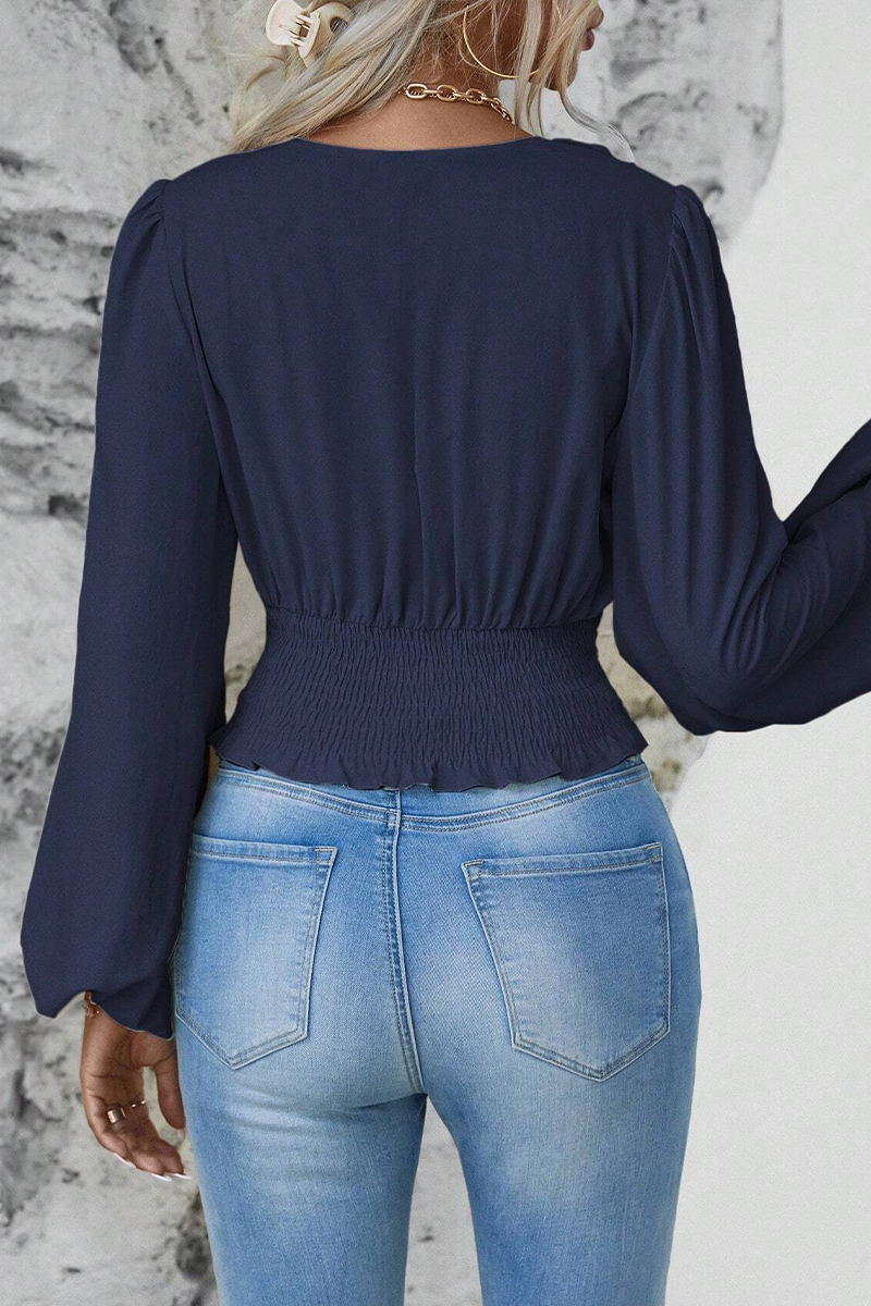Blusas elegantes de cuello en V fruncidas de color liso para uso diario (6 colores)