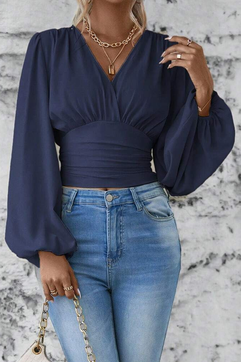 Blusas elegantes de cuello en V fruncidas de color liso para uso diario (6 colores)