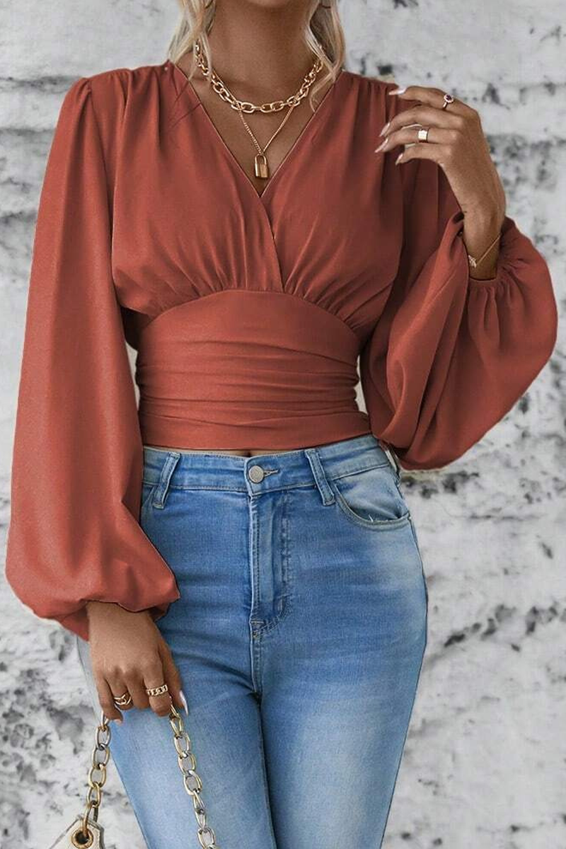 Blusas elegantes de cuello en V fruncidas de color liso para uso diario (6 colores)