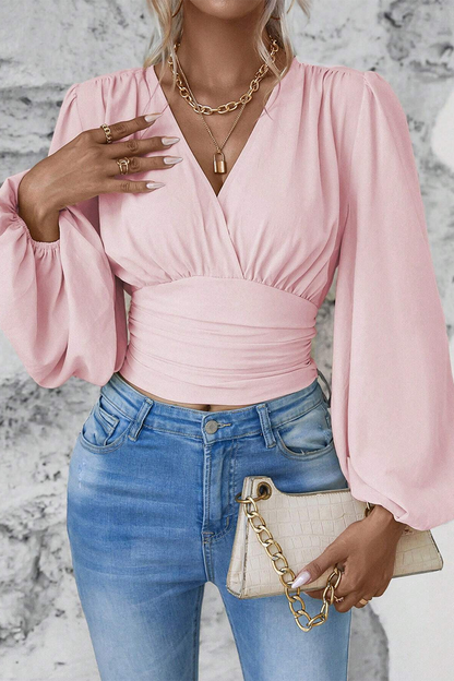Blusas elegantes de cuello en V fruncidas de color liso para uso diario (6 colores)