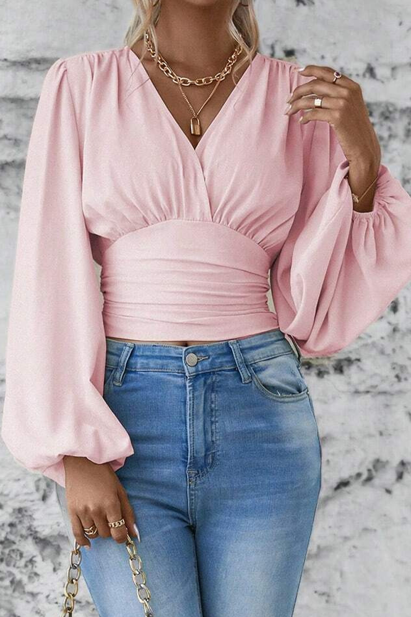 Blusas elegantes de cuello en V fruncidas de color liso para uso diario (6 colores)