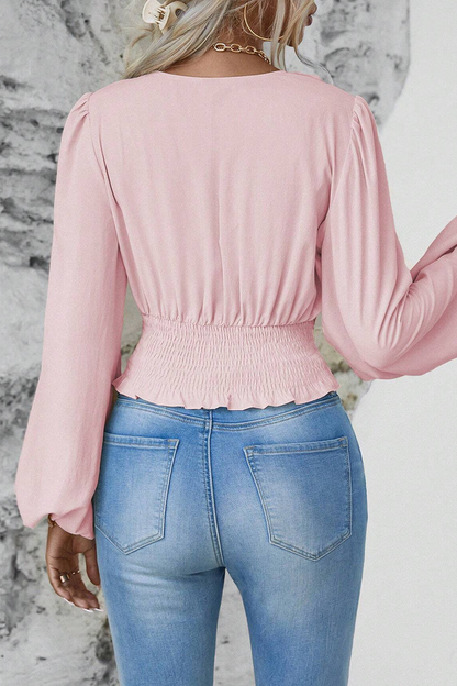 Blusas elegantes de cuello en V fruncidas de color liso para uso diario (6 colores)