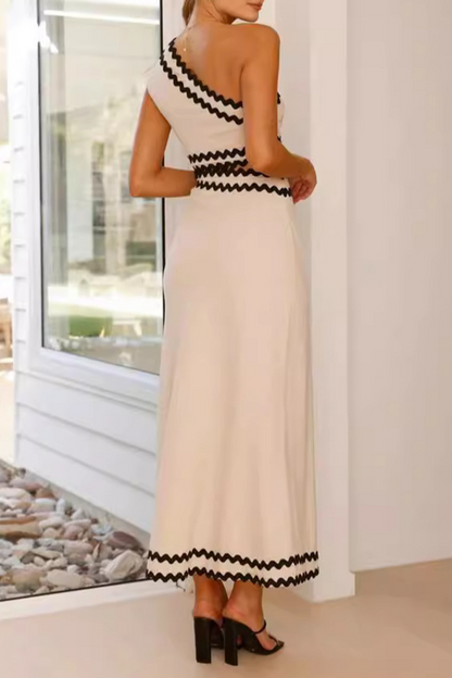 Vestidos sexis de falda de un solo paso con cuello oblicuo en contraste y patchwork ondulado