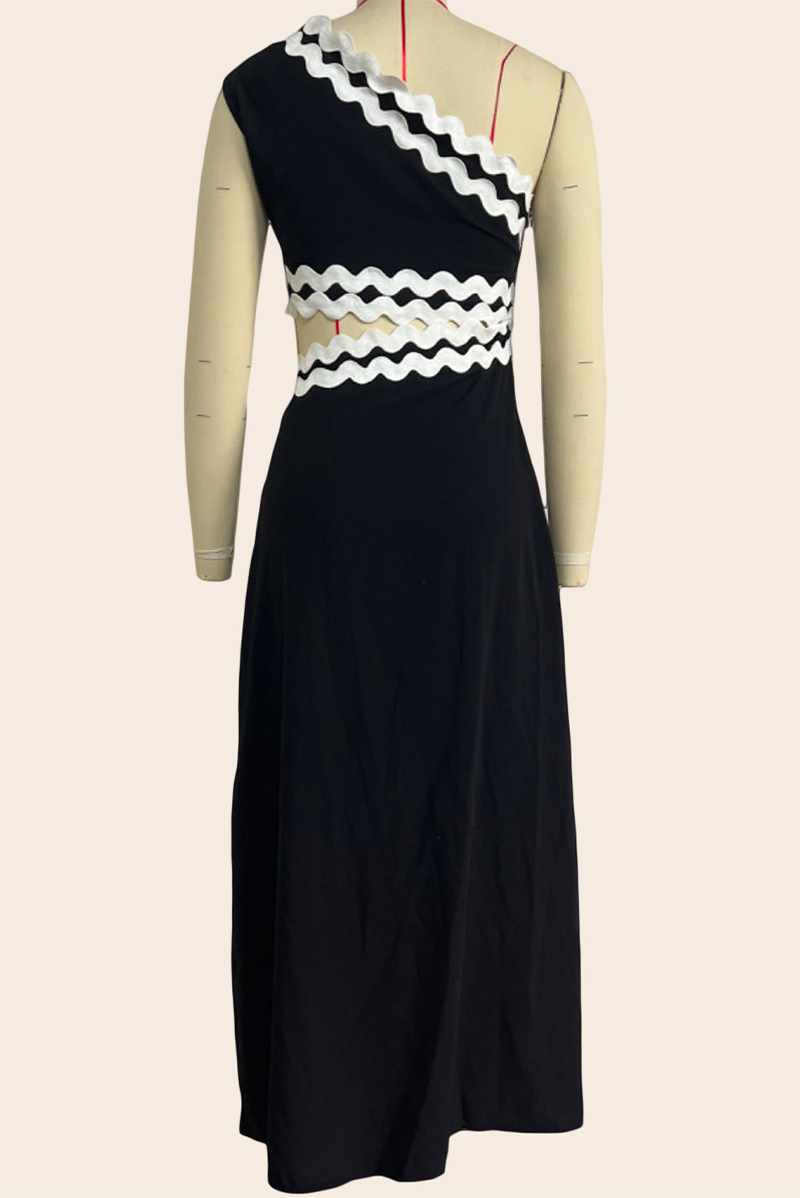 Vestidos sexis de falda de un solo paso con cuello oblicuo en contraste y patchwork ondulado