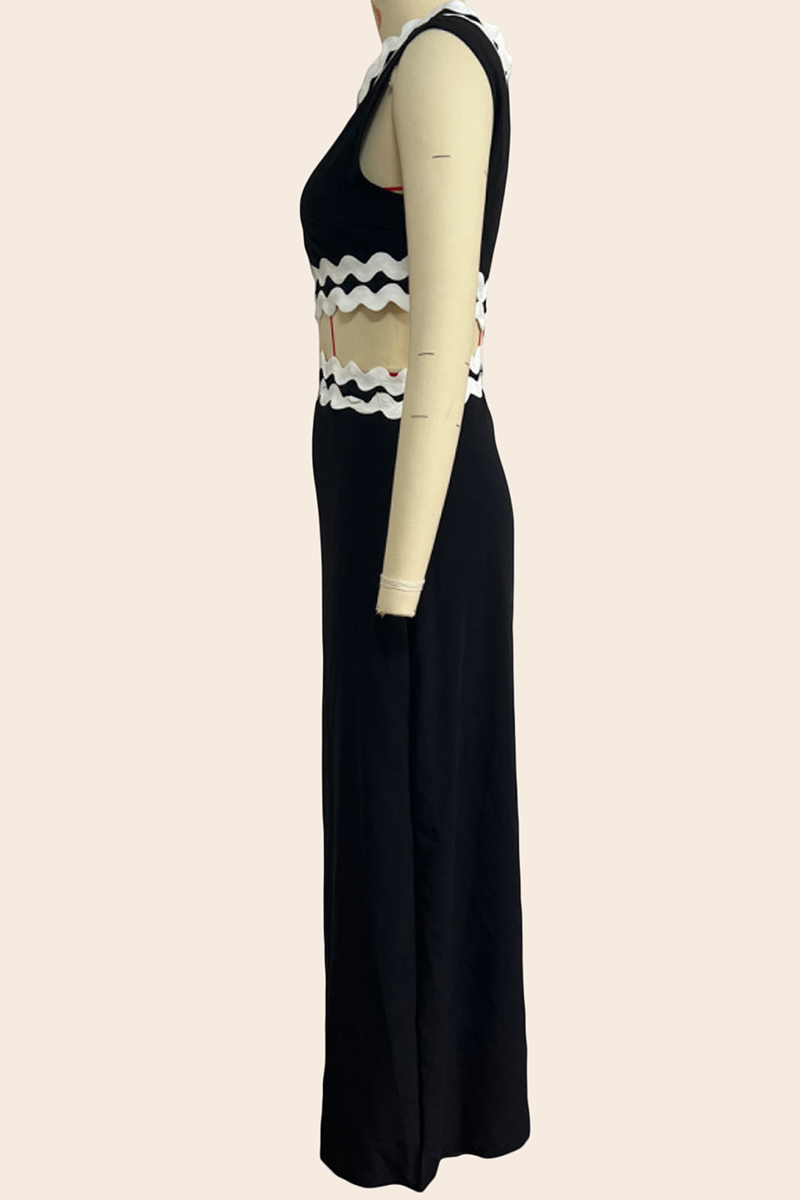 Vestidos sexis de falda de un solo paso con cuello oblicuo en contraste y patchwork ondulado