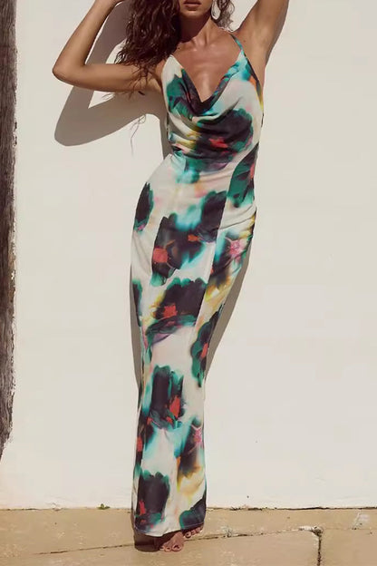 Vestidos sexis de falda de un solo paso con escote halter, espalda descubierta y encaje con estampado floral