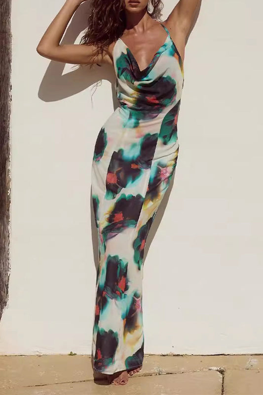 Vestidos sexis de falda de un solo paso con escote halter, espalda descubierta y encaje con estampado floral