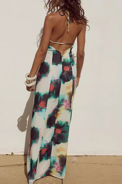 Vestidos sexis de falda de un solo paso con escote halter, espalda descubierta y encaje con estampado floral